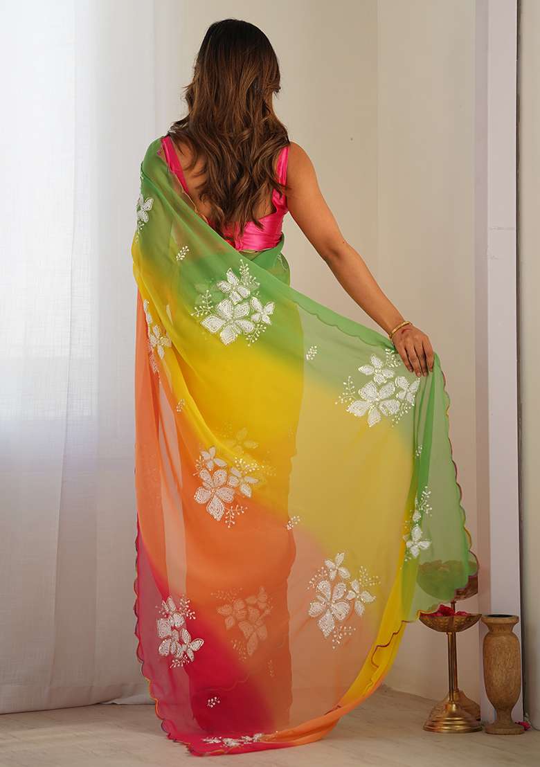 Yellow Embroidered Georgette Saree Set - Indya
