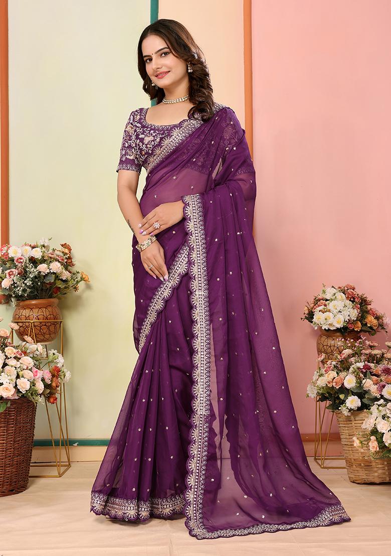 Wine Embroidered Organza Saree Set