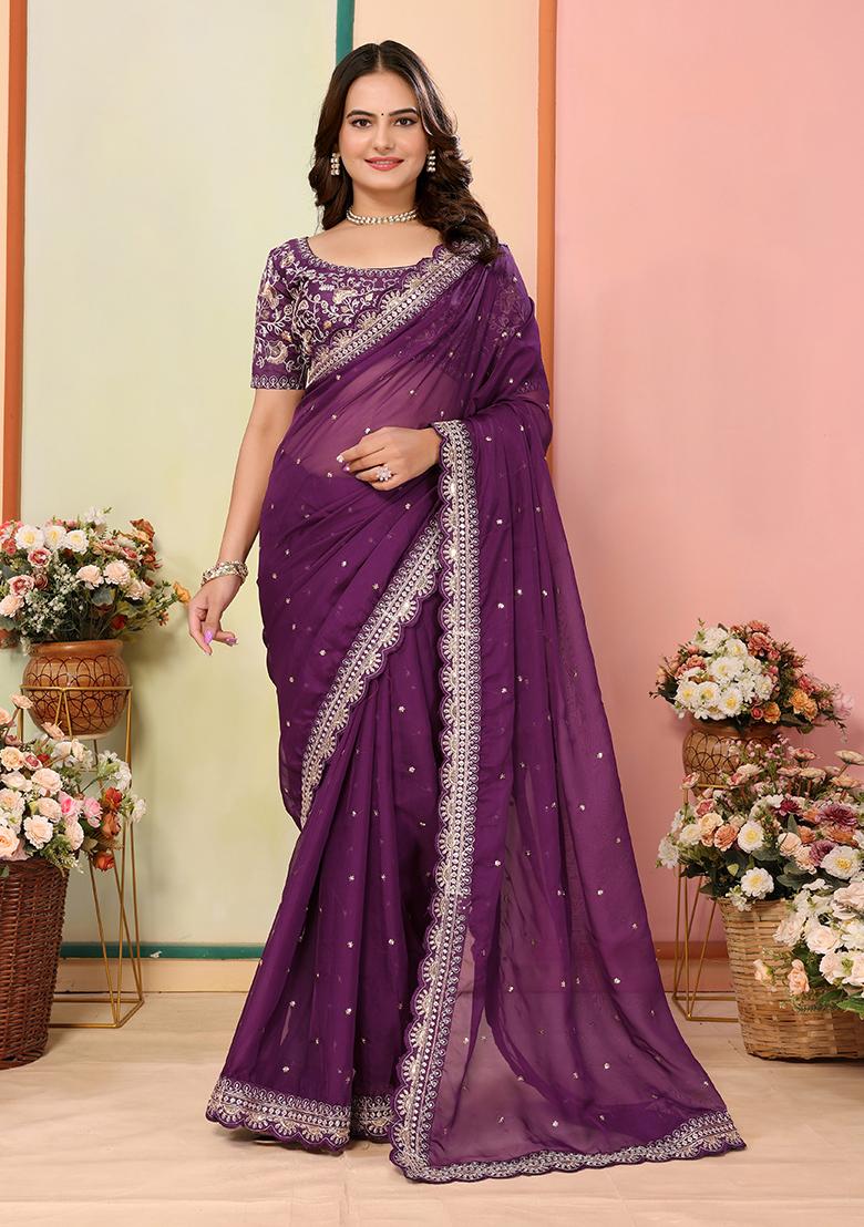 Wine Embroidered Organza Saree Set