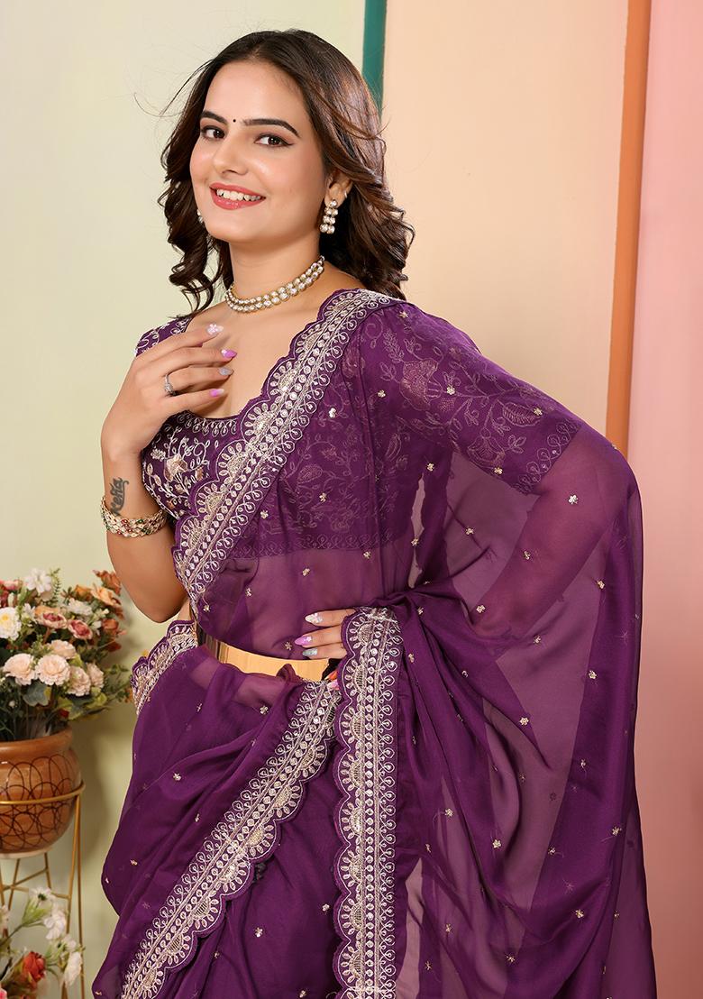 Wine Embroidered Organza Saree Set