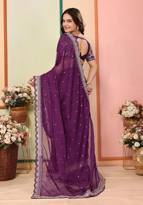Wine Embroidered Organza Saree Set