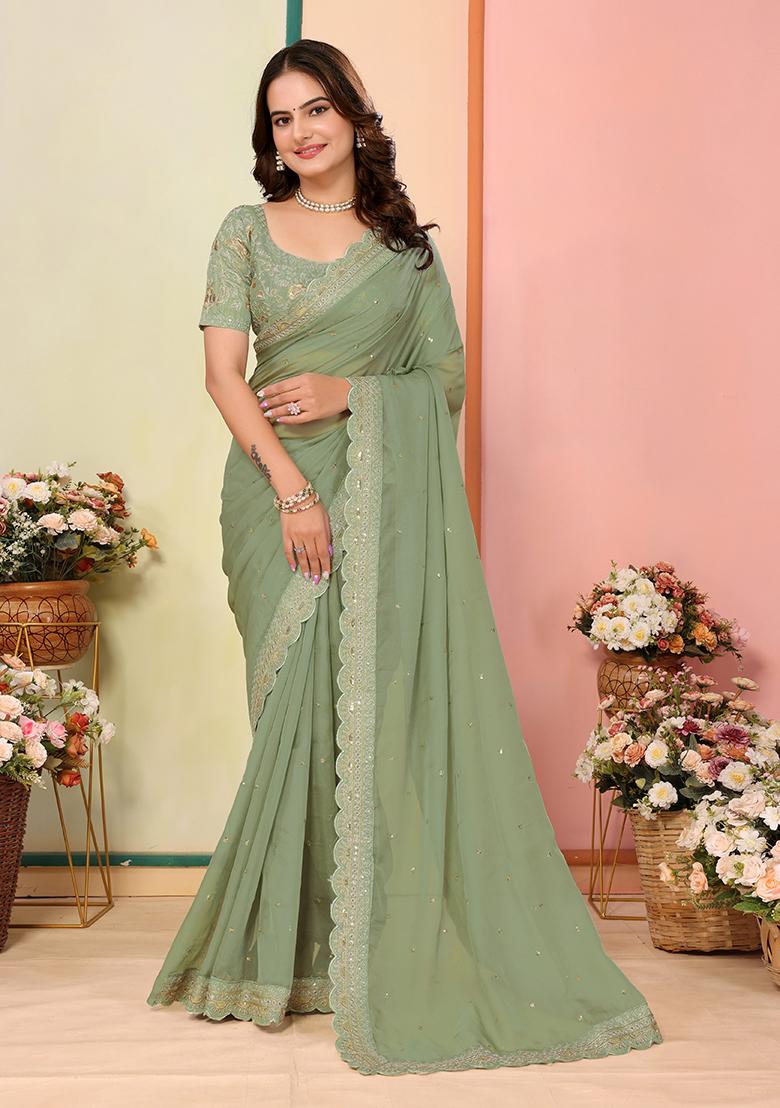 Pista Green Embroidered Organza Saree Set