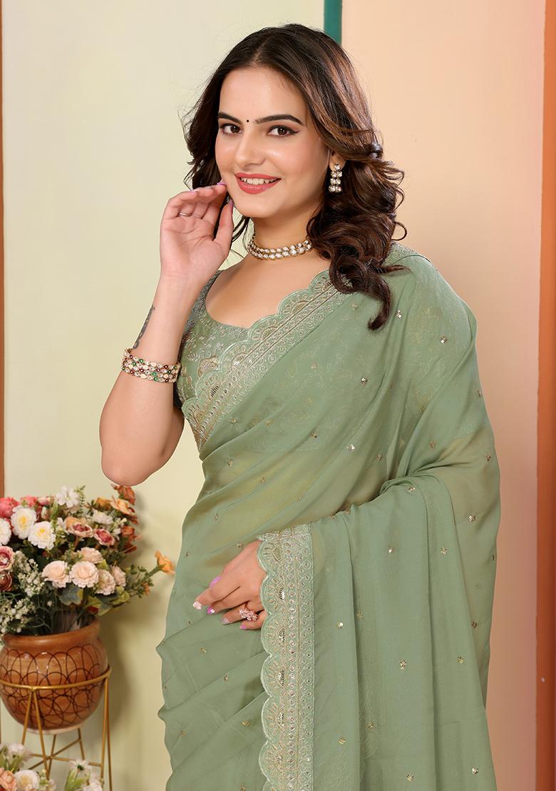 Pista Green Embroidered Organza Saree Set