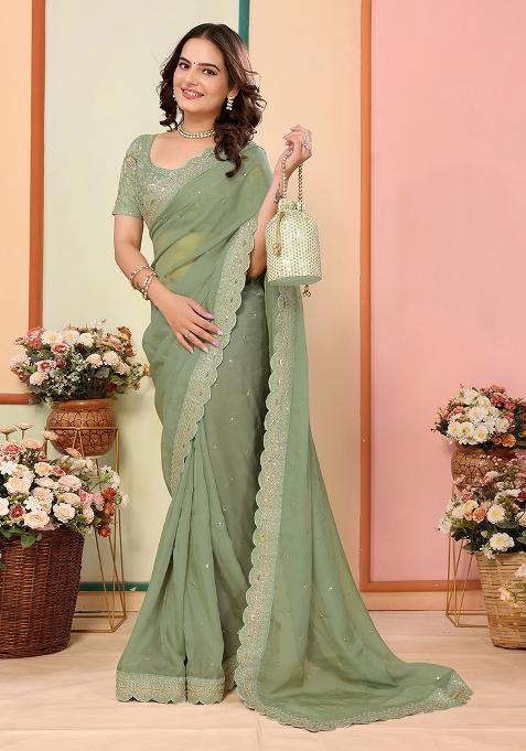 Pista Green Embroidered Organza Saree Set