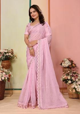 Pink Embroidered Organza Saree Set