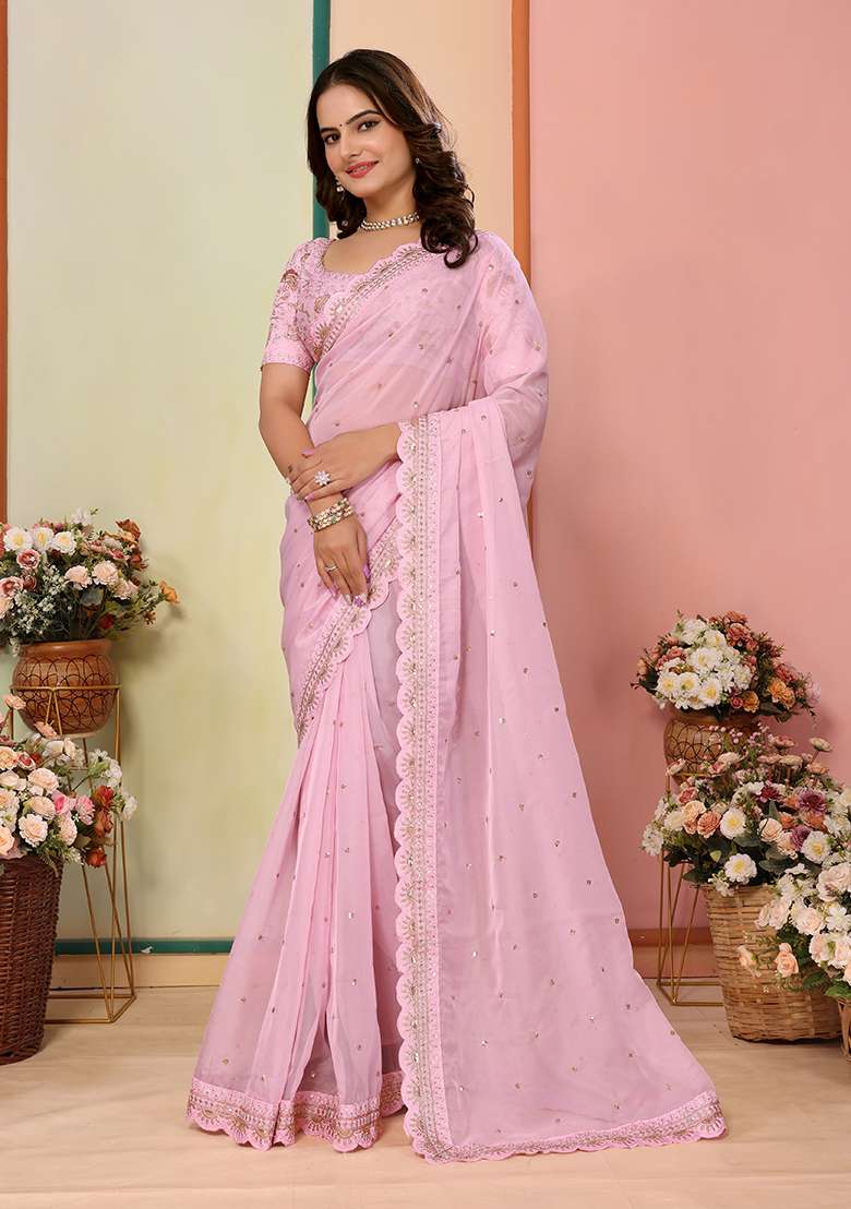 Pink Embroidered Organza Saree Set - Indya