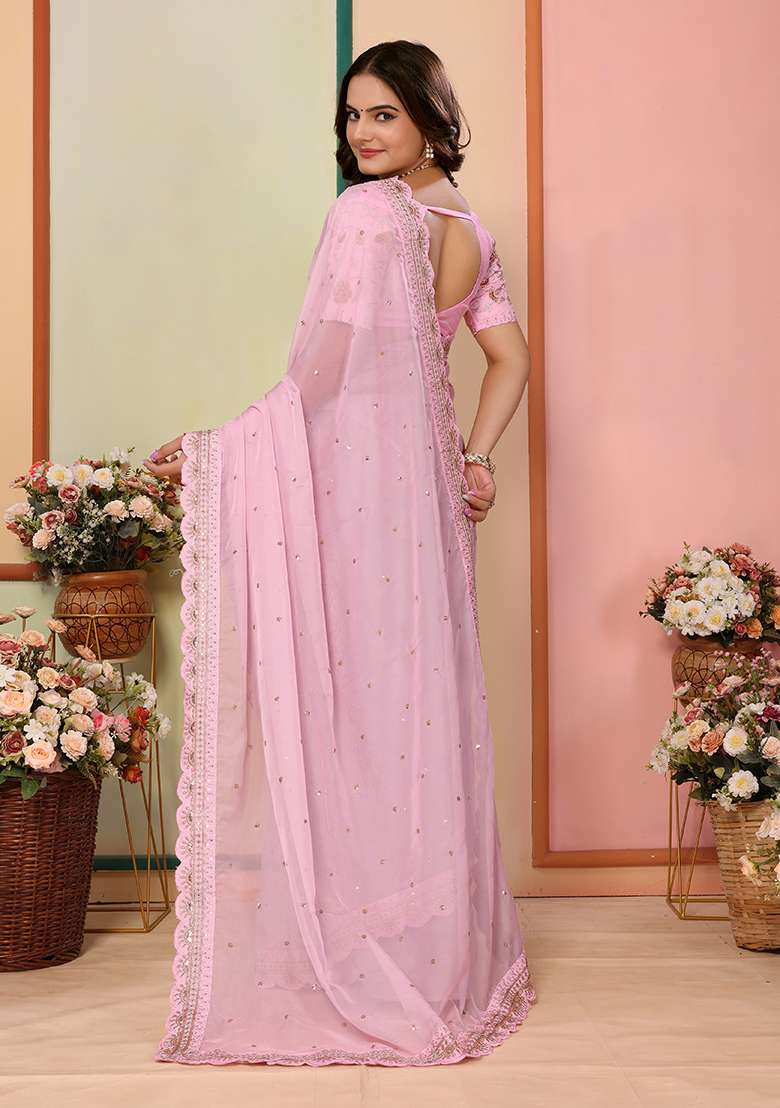 Pink Embroidered Organza Saree Set - Indya