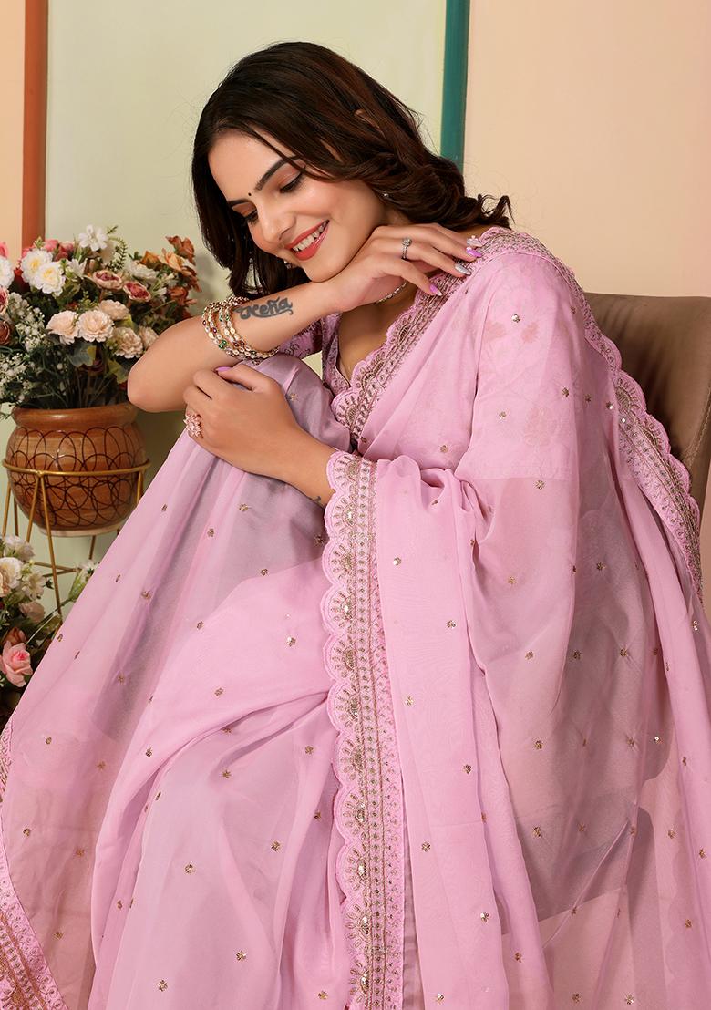 Pink Embroidered Organza Saree Set