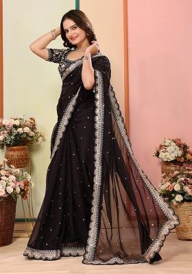 Black Embroidered Organza Saree Set