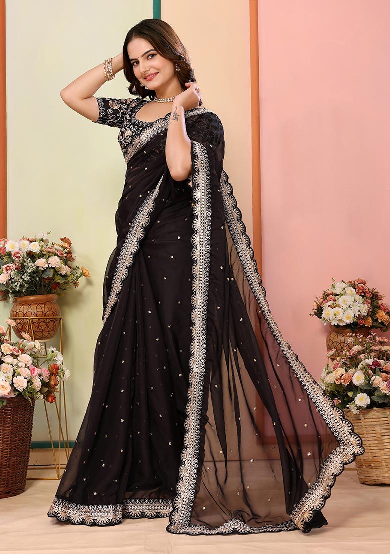 Black Embroidered Organza Saree Set