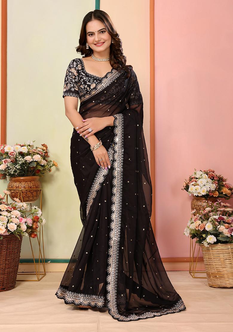 Black Embroidered Organza Saree Set