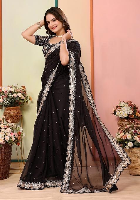 Black Embroidered Organza Saree Set