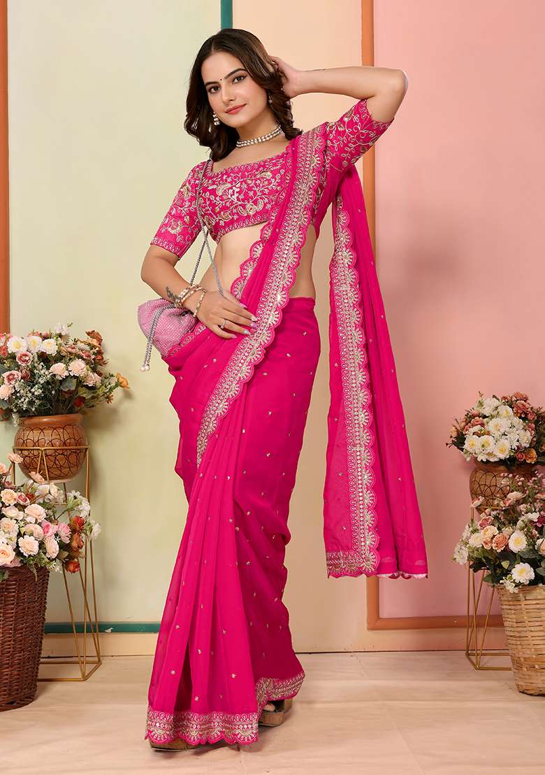 Pink Embroidered Organza Saree Set - Indya