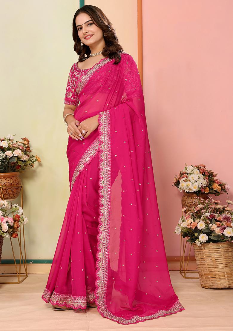 Pink Embroidered Organza Saree Set