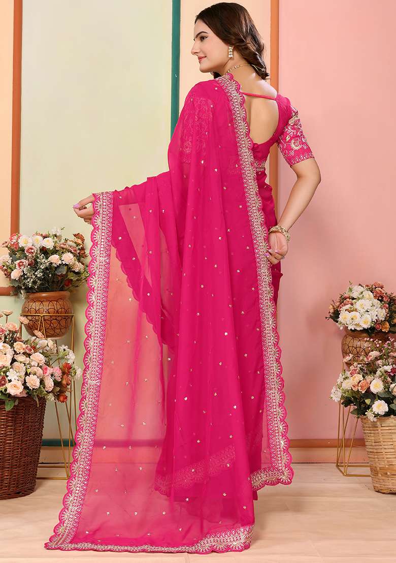 Pink Embroidered Organza Saree Set - Indya