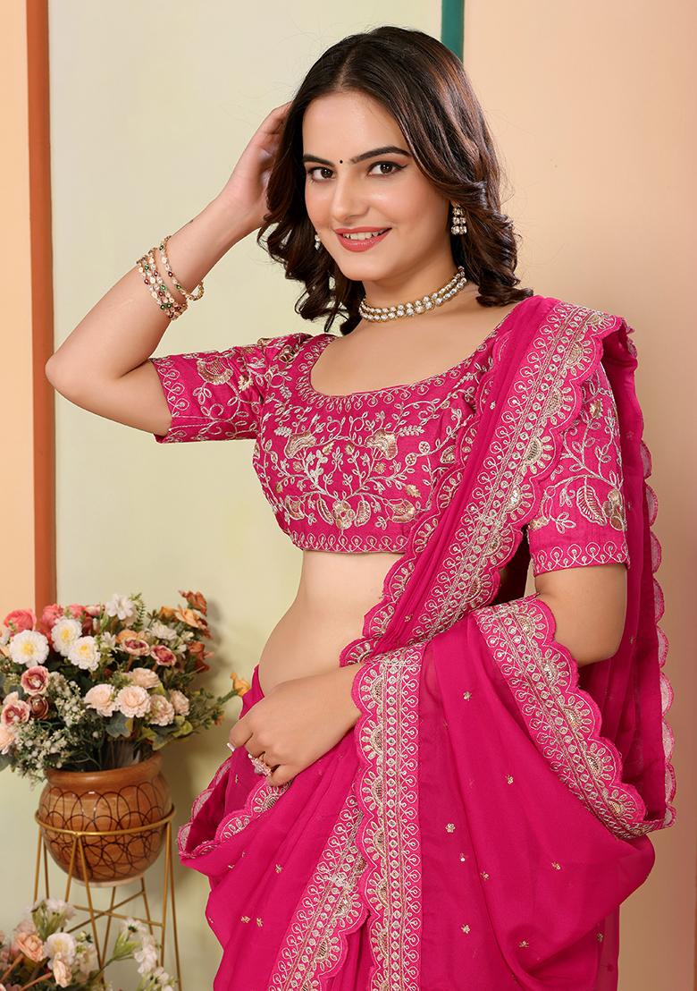 Pink Embroidered Organza Saree Set