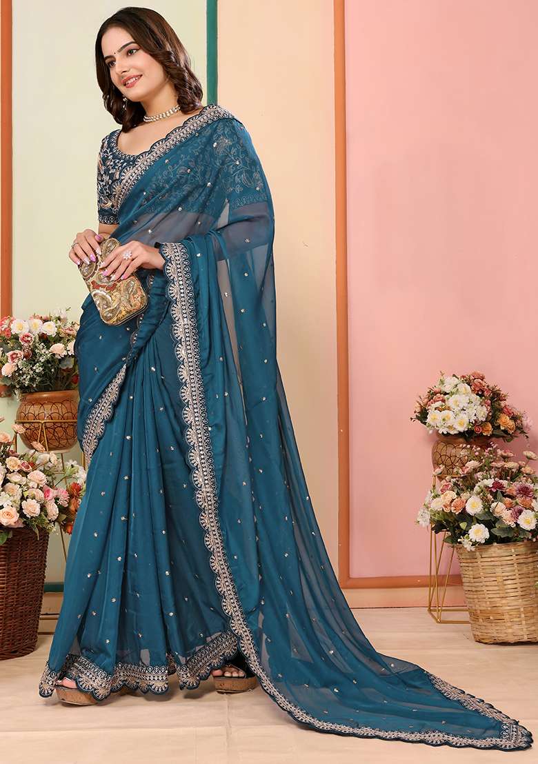 Teal Blue Embroidered Organza Saree Set - Indya