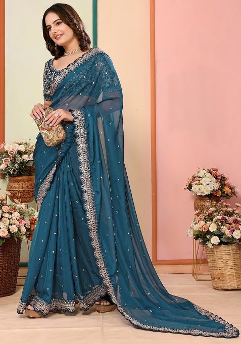 Teal Blue Embroidered Organza Saree Set
