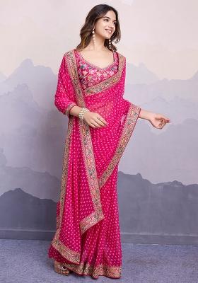 Pink Printed Georgette Saree Set
