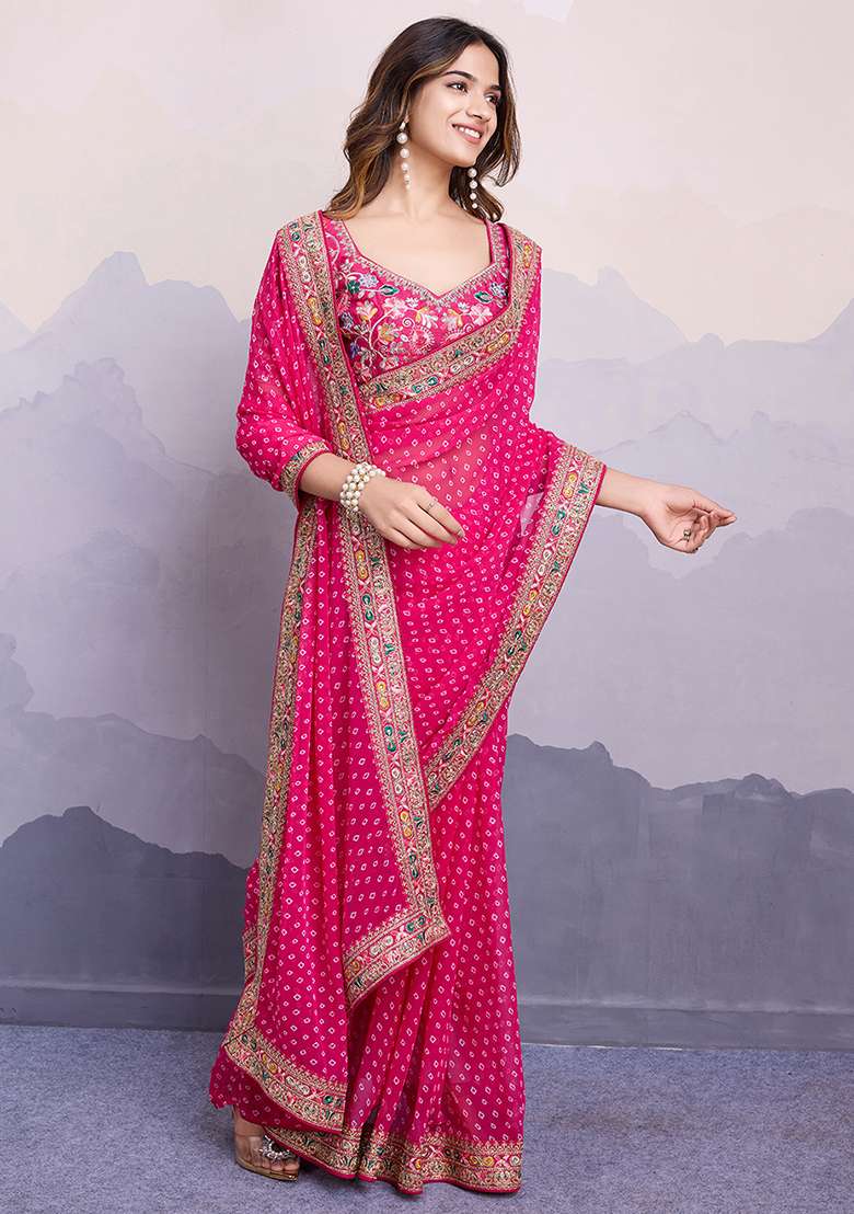 Pink Printed Georgette Saree Set - Indya