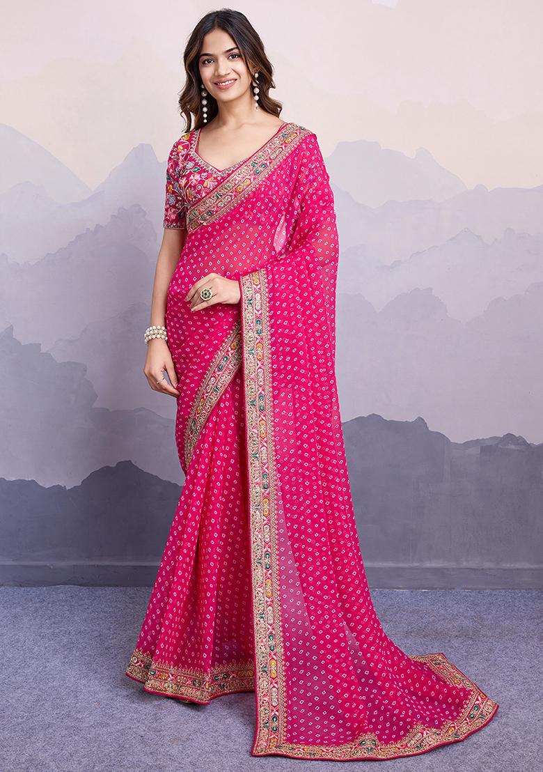 Pink Printed Georgette Saree Set