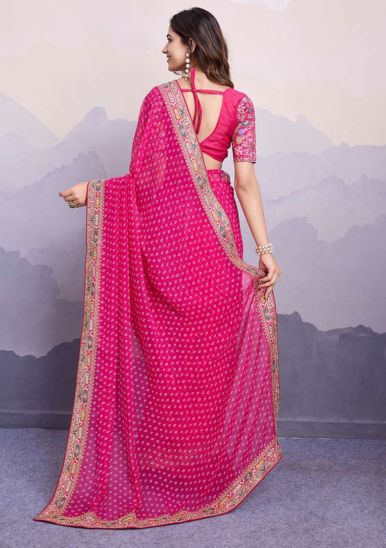 Pink Printed Georgette Saree Set - Indya