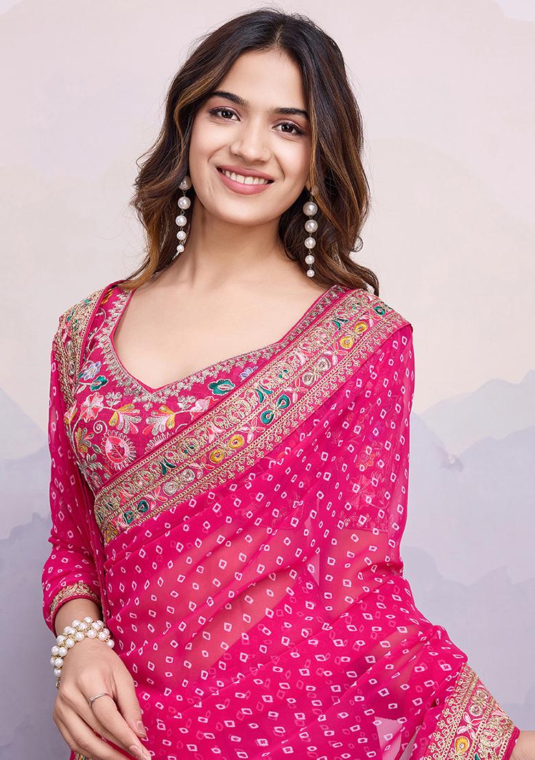 Pink Printed Georgette Saree Set
