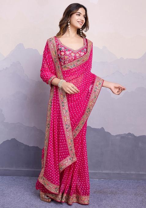 Pink Printed Georgette Saree Set