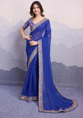 Blue Printed Georgette Saree Set