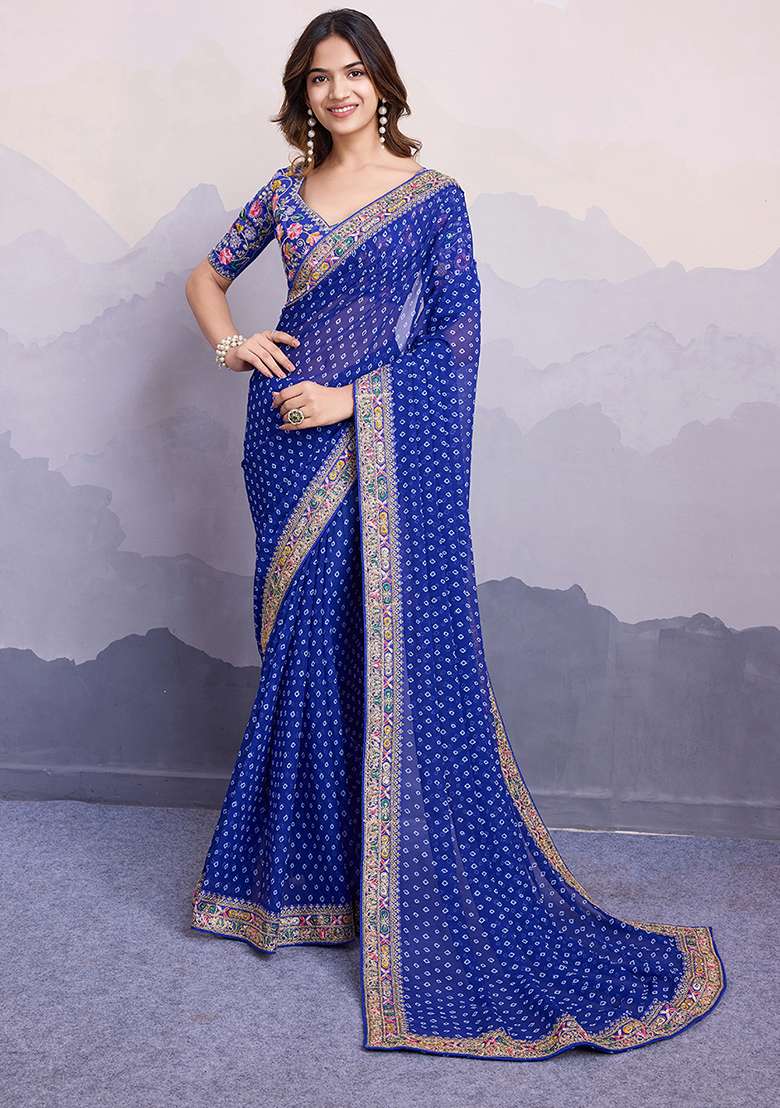 Blue Printed Georgette Saree Set - Indya