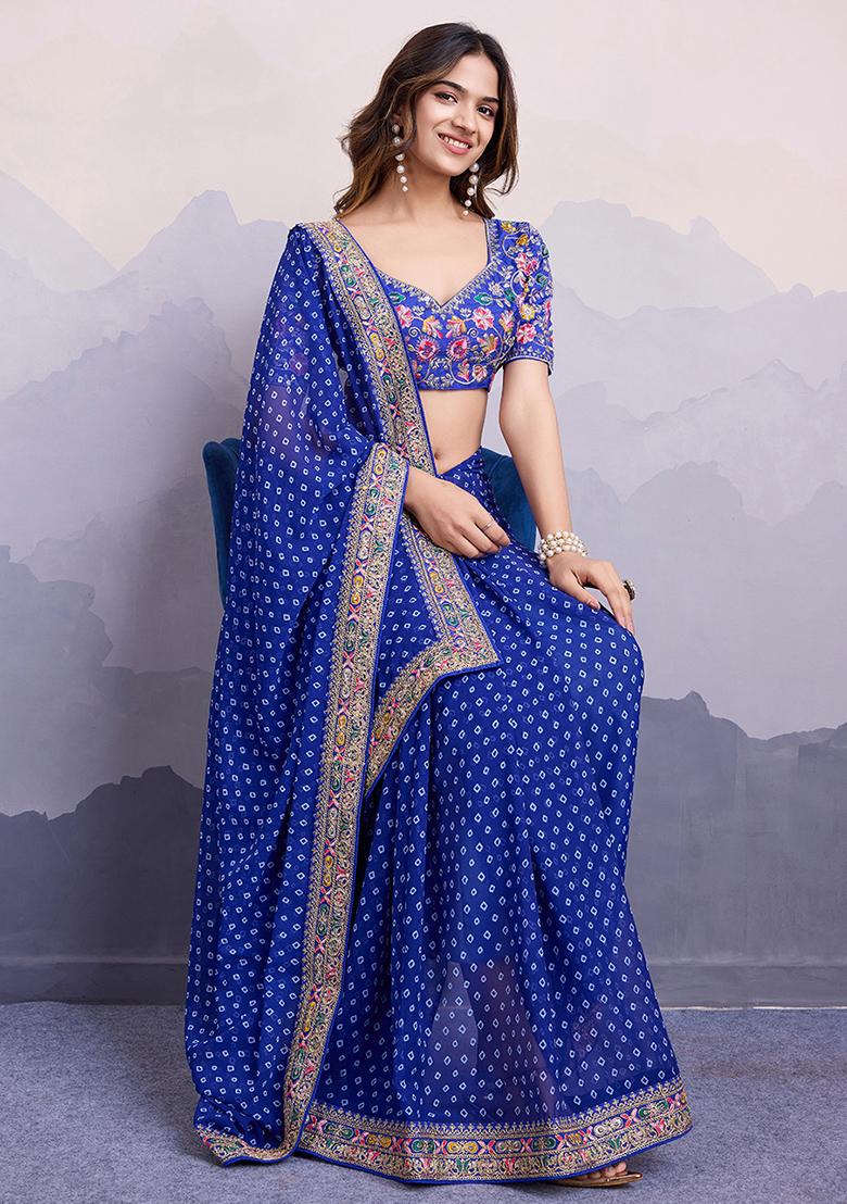 Blue Printed Georgette Saree Set
