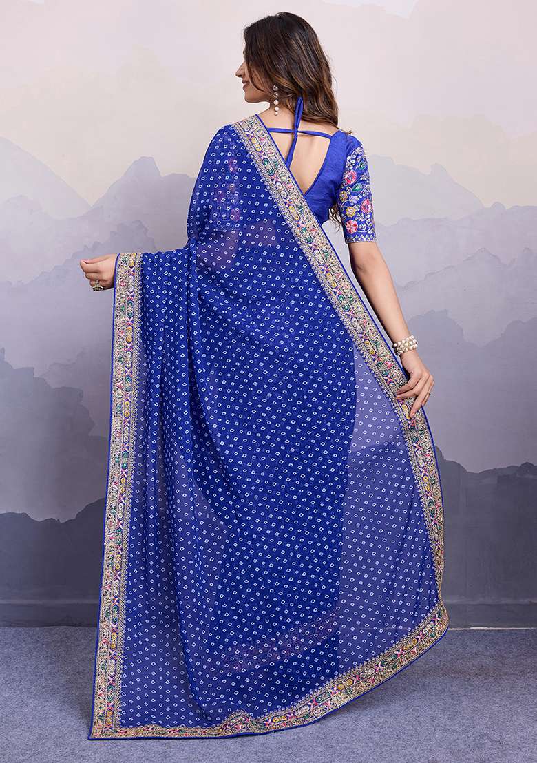Blue Printed Georgette Saree Set - Indya