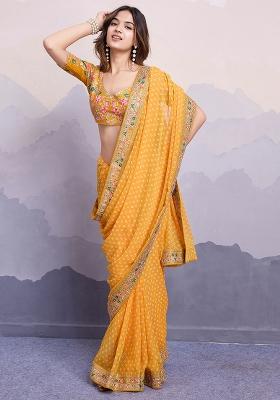 Yellow Printed Georgette Saree Set