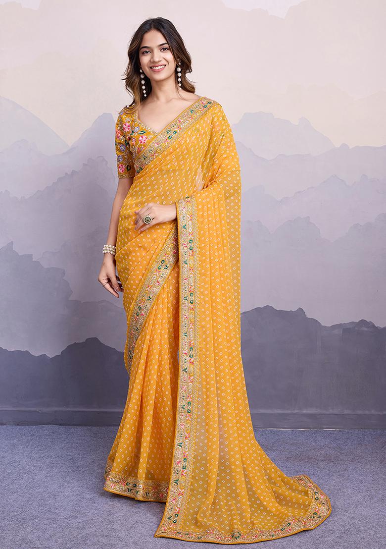 Yellow Printed Georgette Saree Set