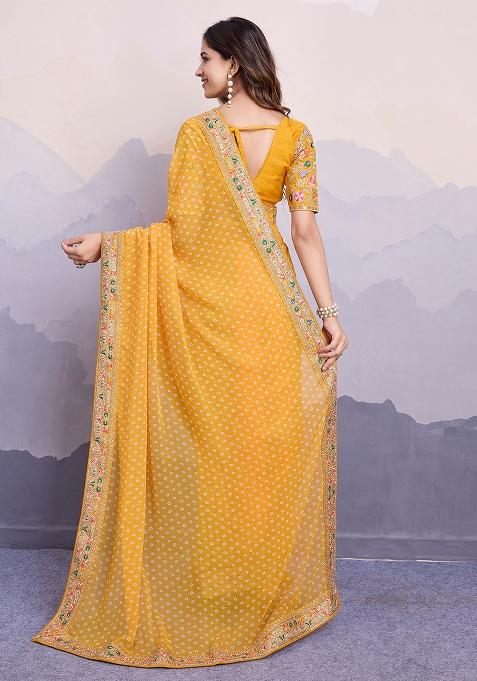 Yellow Printed Georgette Saree Set