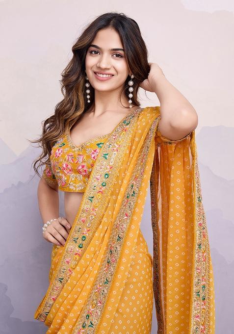Yellow Printed Georgette Saree Set