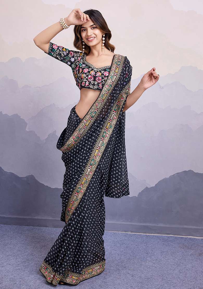 Black Printed Georgette Saree Set - Indya