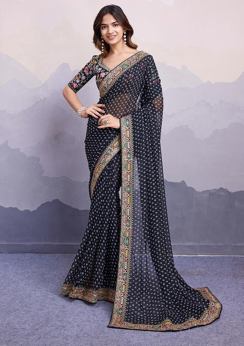 Black Printed Georgette Saree Set