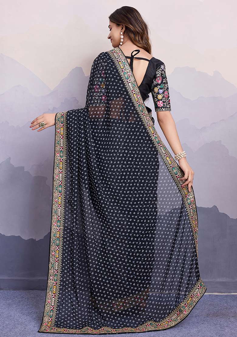 Black Printed Georgette Saree Set - Indya