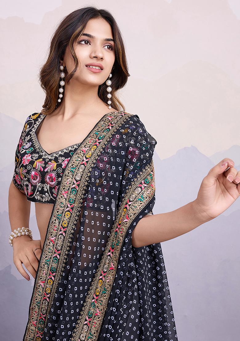 Black Printed Georgette Saree Set