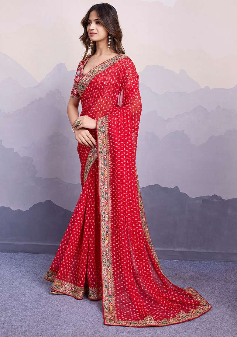 Red Printed Georgette Saree Set - Indya