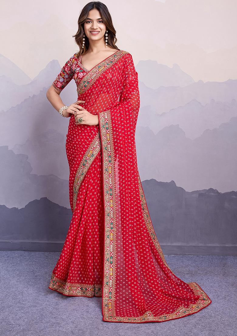 Red Printed Georgette Saree Set