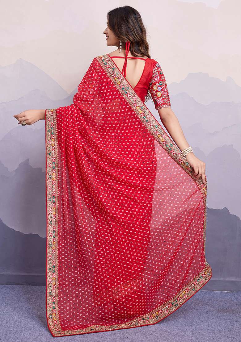 Red Printed Georgette Saree Set - Indya