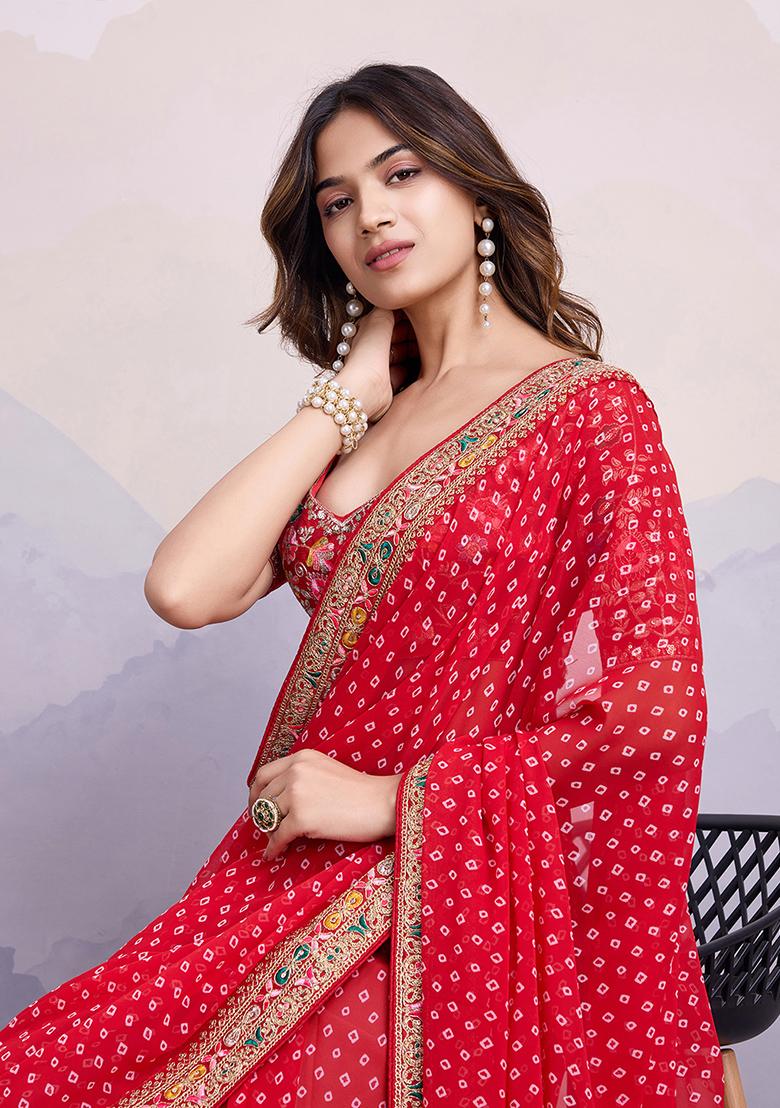 Red Printed Georgette Saree Set