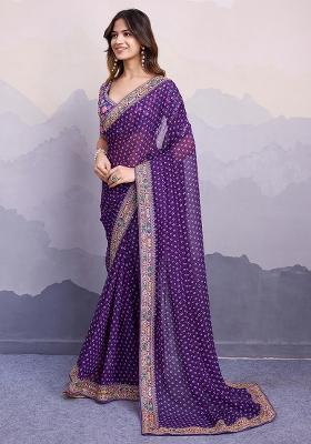 Purple Printed Georgette Saree Set