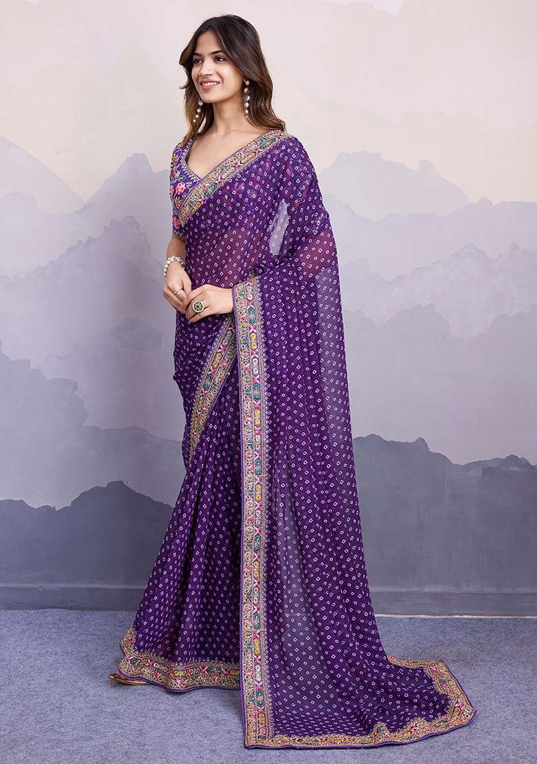 Purple Printed Georgette Saree Set - Indya