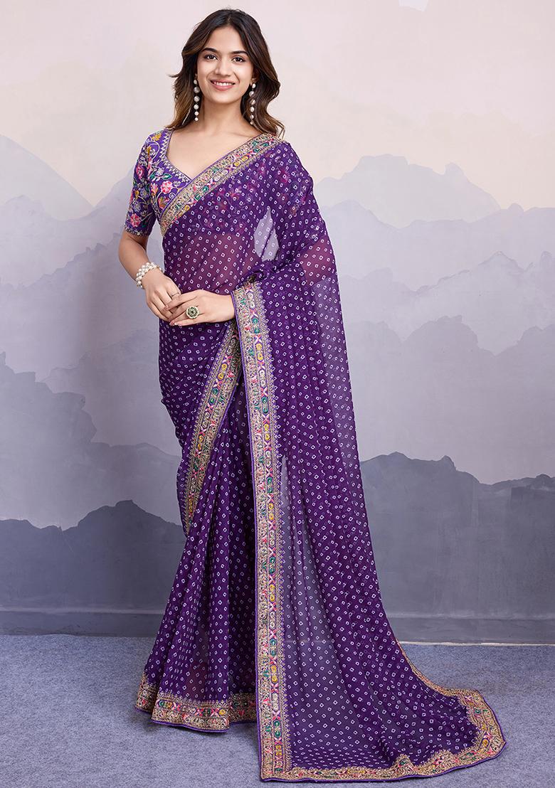 Purple Printed Georgette Saree Set