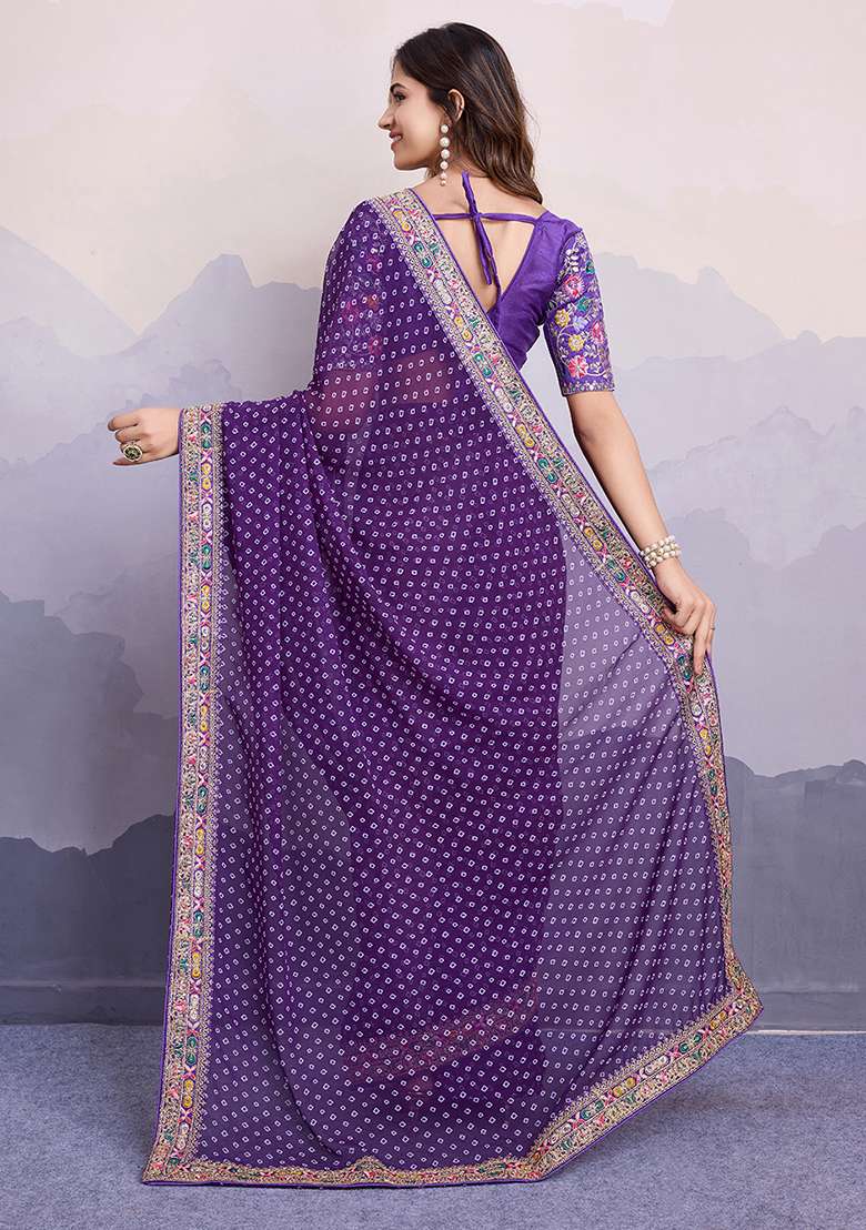 Purple Printed Georgette Saree Set - Indya