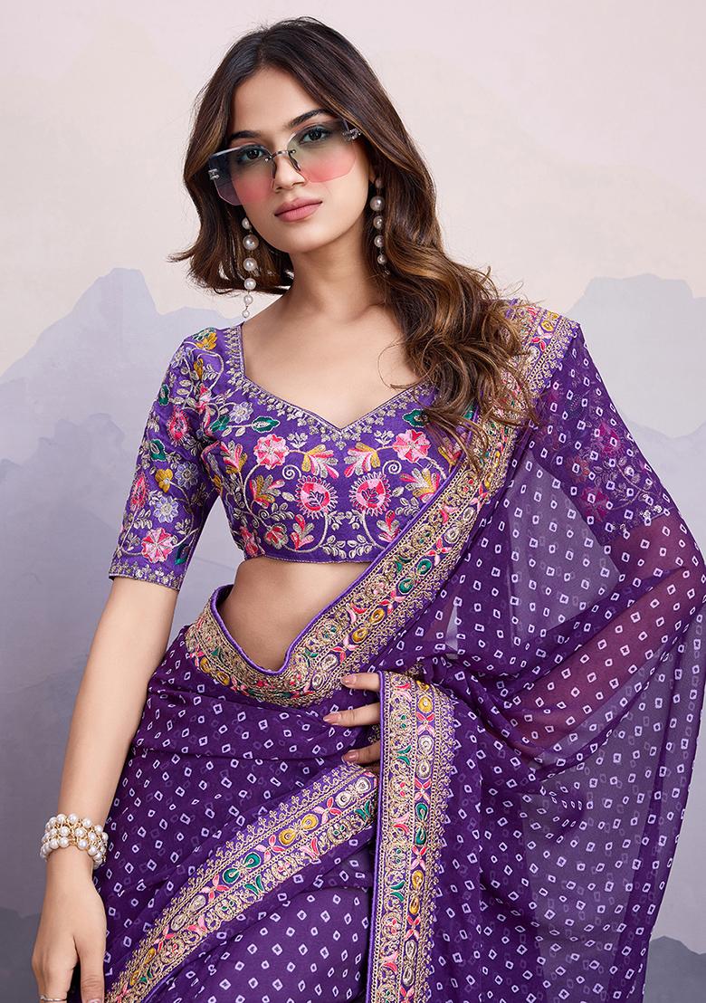 Purple Printed Georgette Saree Set