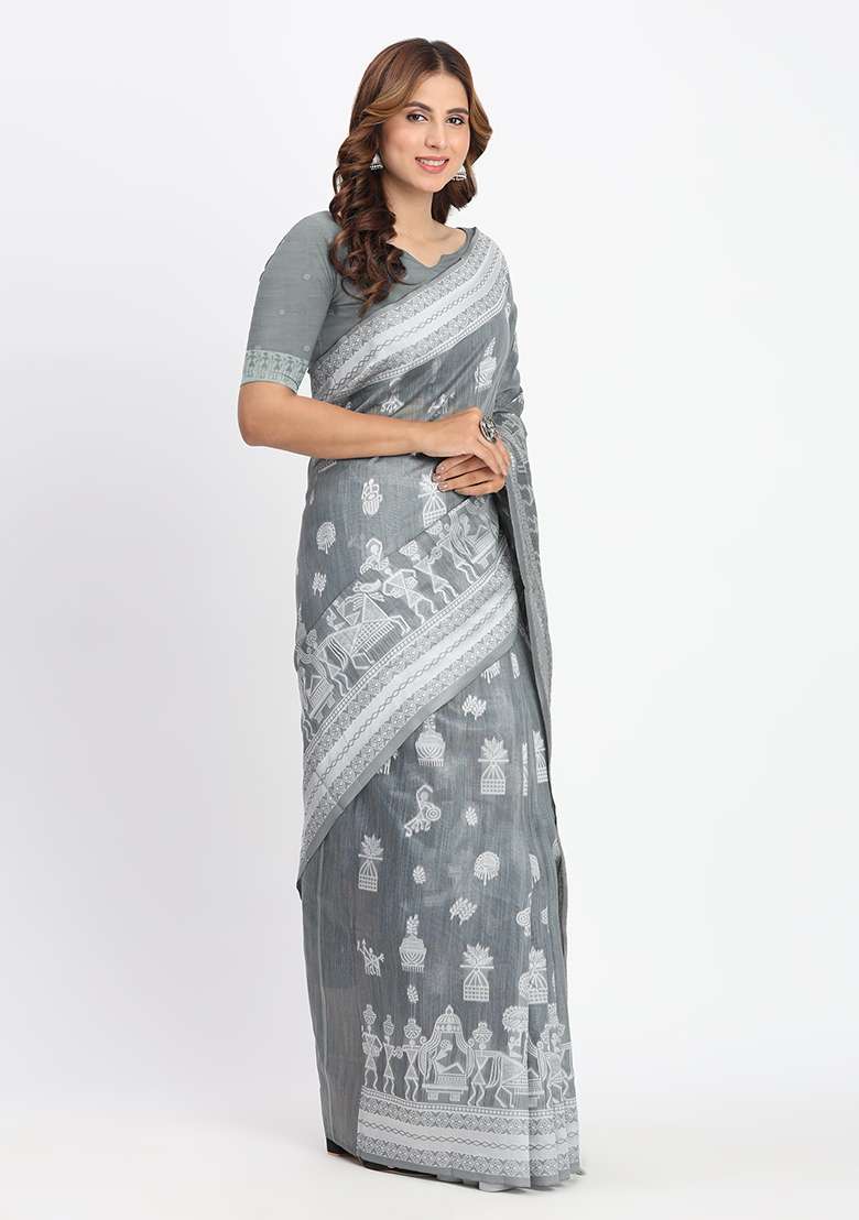 Grey Wevon Linen Cotton Saree Set - Indya